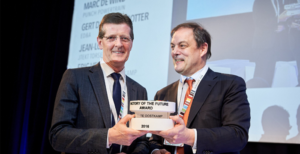 From left: Eric Verhelst, plant manager, TE Connectivity, Oostkamp, receiving the award from Charles Beauduin, CEO of the Flemish manufacturer of textile machines Michel Van de Wiele, at an awards ceremony held Feb. 4 in Antwerp.
